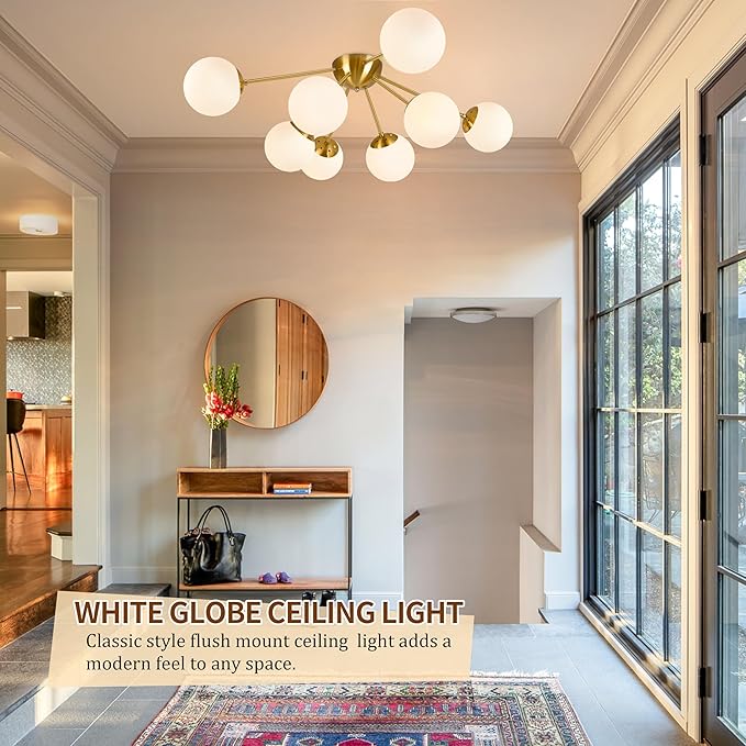 Bagood 8 Light Mid Century Modern Ceiling Light Semi Flush Mount Ceiling Light Fixture Globe Lights Sputnik Chandelier with Milk Glass Shade Brushed Brass Finish for Bedroom Hallway Living Room