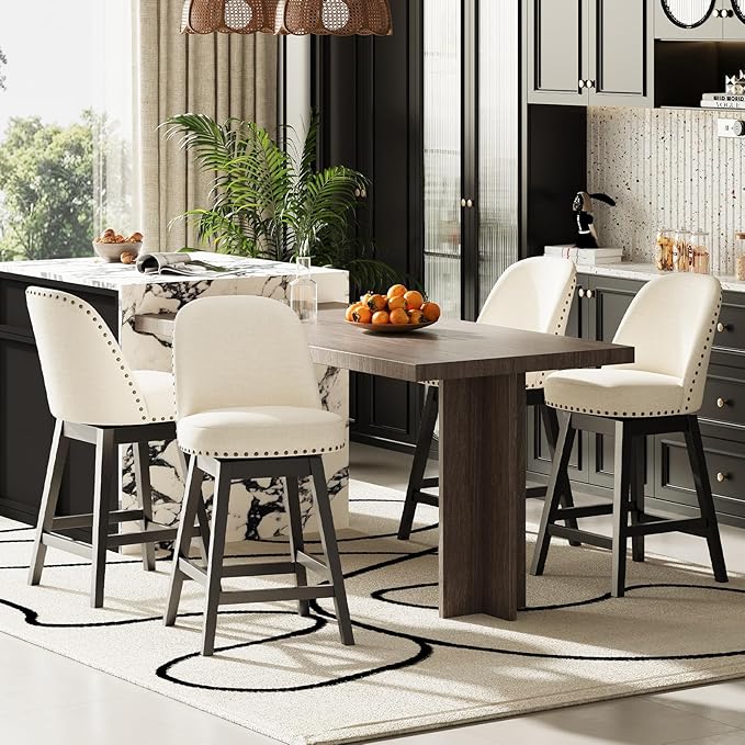 MALOL Swivel Bar Stool, Upholstered Fabric Mid Century Mondern Barstool, 26 inch Counter Height Bar Chair with Solid Back and Wood Legs, for Kitchen Island，Beige