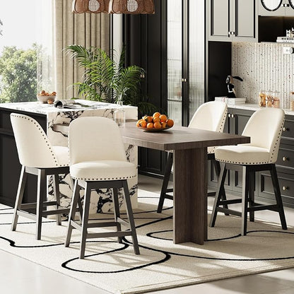 MALOL Swivel Bar Stool, Upholstered Fabric Mid Century Mondern Barstool, 26 inch Counter Height Bar Chair with Solid Back and Wood Legs, for Kitchen Island，Beige