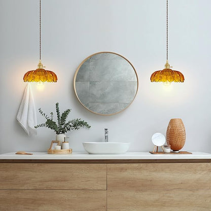 Pendant Light Fixture, Hanging Light Fixture, Glass Shade Pendant Light with Rotary Switch, Modern Lamp for Kitchen Island, Bedroom, Dining Room, Living Room (Orange Lotus, Hard-Wired)