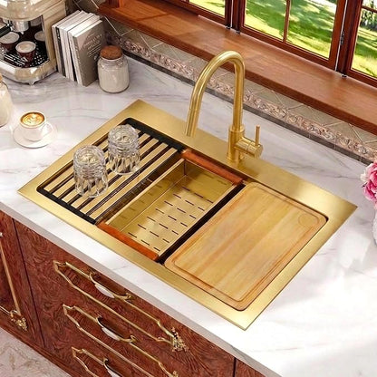 Rhbamoa Gold Kitchen Sink,31 Inch Gold Drop in Kitchen Sink Single Bowl,16 Gauge T304 Stainless Steel Workstation Sinks,10 Inch Deep Topmount Sinks with All Accessories