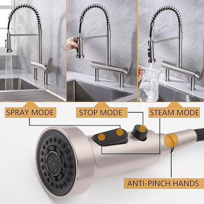 8“ Center Bridge Faucet, Deck Mount Pre Rinse Faucet, with Pull Down Sprayer, High Arc Single Handle Spring Commercial Sink Faucet, Brushed Nickel
