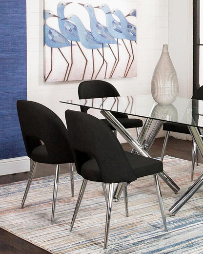 Sunset Trading Mia Faux Leather Dining Chair | Polished Chrome Silver Tapered Legs | Black Padded Seat with Arched Open Back | Set of 2 | Contemporary, Mid-Century Modern Kitchen Sidechairs