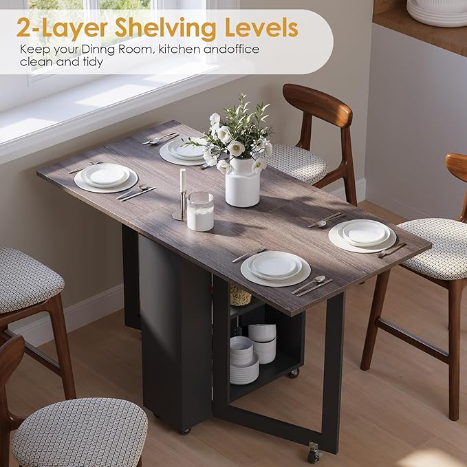 LotFun Folding Dining Table with 2 Storage Racks, Space Saving Dining Table with 6 Wheels, Kitchen Table for Small Spaces