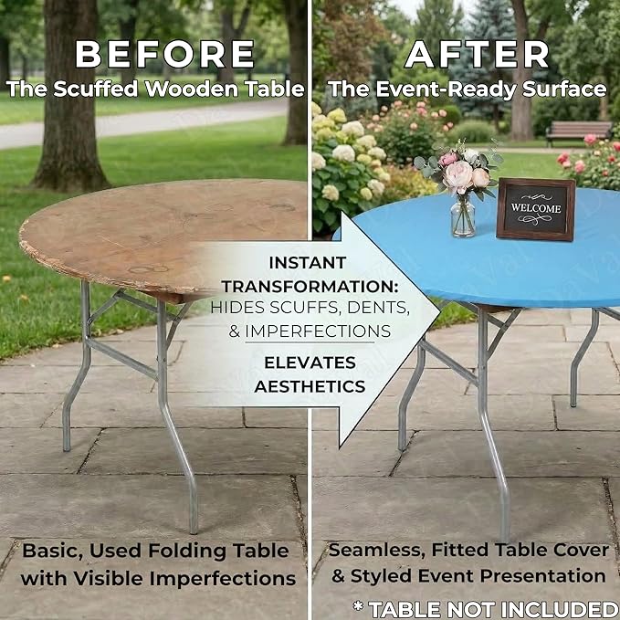 Kwik-Covers 10 Pack of Round Plastic Table Covers - 60" or 72" Round - Indoor or Outdoor Fitted Covers (Tables NOT Included) (Light Blue, 60" Round)