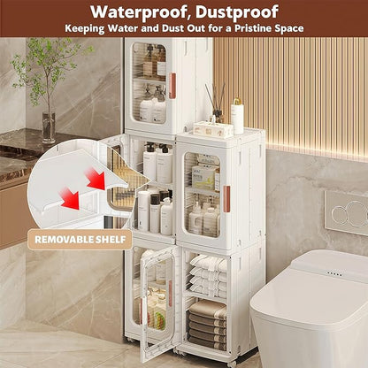Tall Narrow Storage Cabinet with Movable Wheels, Adjustable Shelves & Magnetic Doors – Foldable Slim Plastic Organizer for Bathroom, Kitchen, Laundry, Ideal for Small Spaces(4-Tier,White)