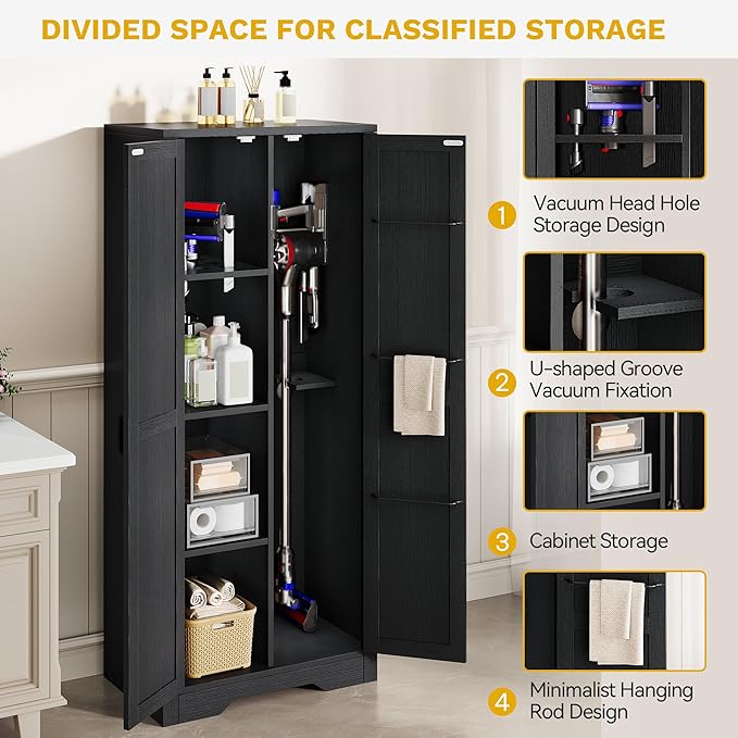 DWVO Wooden Storage Cabinet, Vacuum Cleaner Storage Compatible with Dyson Models, Utility Stand for Brooms and Mops, Cleaning Tool Cabinet with Doors for Garage