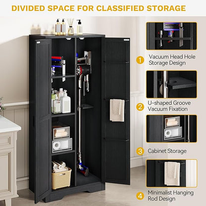 DWVO Wooden Storage Cabinet, Vacuum Cleaner Storage Compatible with Dyson Models, Utility Stand for Brooms and Mops, Cleaning Tool Cabinet with Doors for Garage