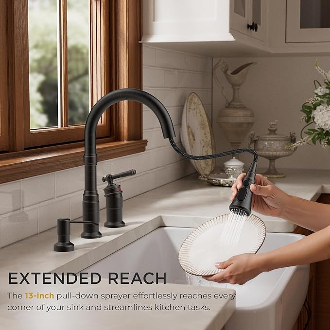 FORIOUS 2 Hole Kitchen Faucet with Pull Down Sprayer, Stainless Steel Rustic Kitchen Sink Faucet 3 Spray Modes with Single Seperate Handle, Suitable for Farmhouse Outdoor Rv Bar, Oil Rubbed Bronze