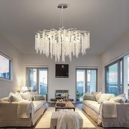 Crystal Tree Branches Chandeliers Luxury Round Raindrop Pendant Light Fixture Ceiling Hanging Light for Dining Room Bedroom Living Room Entryway D31.5“ Silver