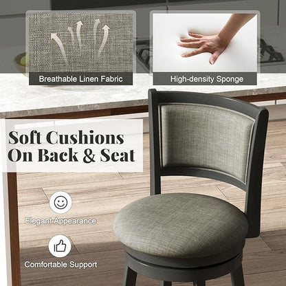 Giantex Swivel Counter Height Bar Stools Set of 2, 26.5" Upholstered Vintage Barstools w/Back, Linen Seat, Footrest, Farmhouse Wooden Counter Height Chairs for Kitchen Island Dining Room, Grey