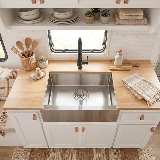 MILOSEN RV Farmhouse Kitchen Sink Undermount 23×16×7 Inch, T304 Stainless Steel Farm Apron Front Sink, Single Bowl Camper Sinks for Outdoor RV Kitchen, Small Deep Farm Sinks for Trailer Camper Van