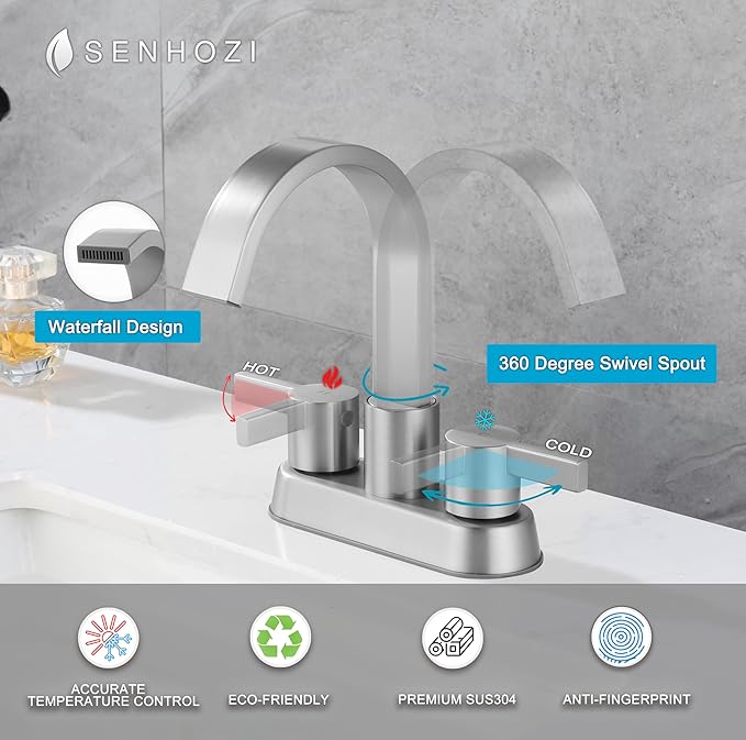 2 Handle Bathroom Faucets 3 Hole Brushed Nickel, Centerset Bathroom Sink Faucet with Pop up Drain and 2 Supply Lines, Modern Vanity RV Faucet, SE-0048-BN