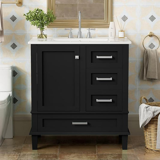 GDFStudio 30" Bathroom Vanity Sink Combo with 3 Drawers & 1 Soft Closing Door Floor Mount Freestanding Wood Bathroom Storage Cabinet Set with Ceramic Basin Sink Top for Small Bathroom Space, Black