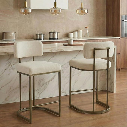 26" H Counter Height Bar Stools Set of 3, Modern Linen Fabric Upholstered Barstools with Backrest for Kitchen Island, Gold Metal Frames, Linen