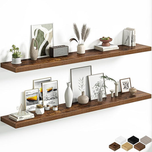 Fun Memories 72 Inch Floating Shelves, 12 Inch Deep Wall Shelf for Fireplace Mantel, Rustic Brown Deep Storage Shelves for Home & Office, Long Floating Shelf with Invisible Bracket, Set of 2
