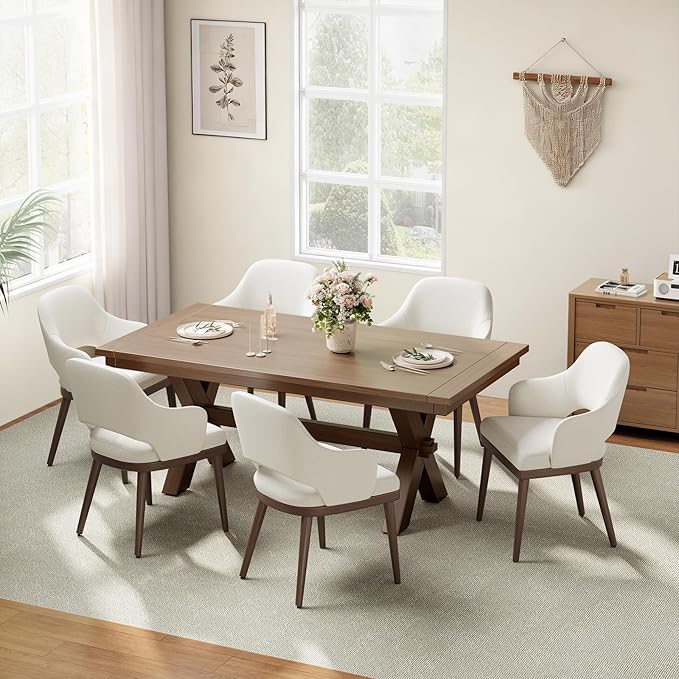 MALOL Wooden Dining Chairs Set of 6, Modern Fabric Upholstered Dining Room Chair, Kitchen Side Chairs, Farmhouse Dinner Chair with Open Back for Kitchen, Beige