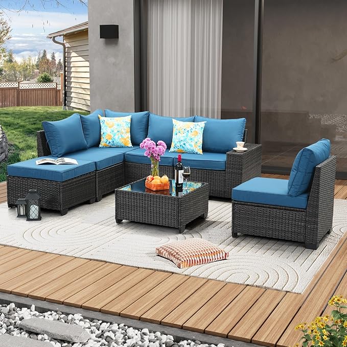 JOYURE 7 Pieces Patio Furniture Set All-Weather Outdoor Wicker Sectional Conversation Sofa Rattan Patio Seating Sofa with Cushion and Glass Table for Porch Poolside,Peacock Blue