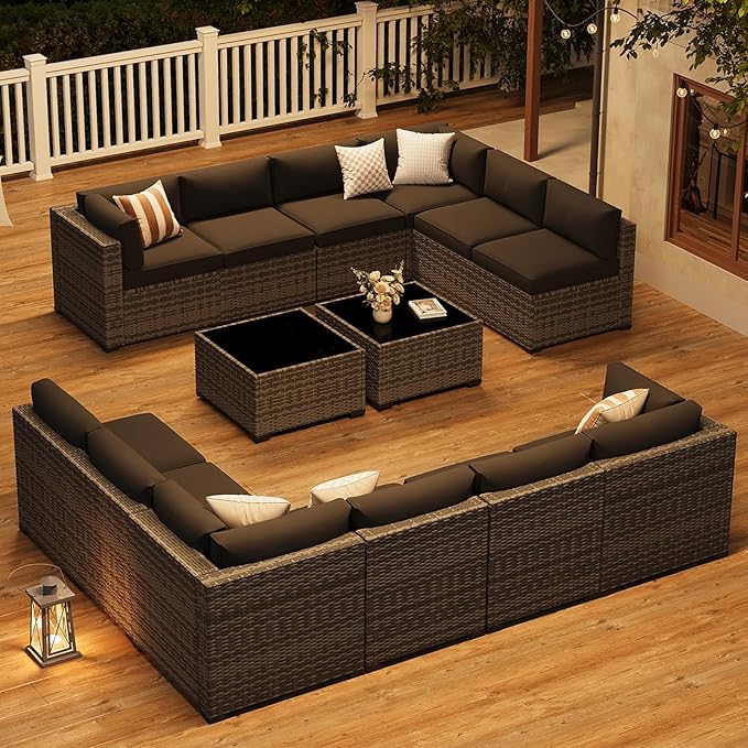 LazySunsets 14-Piece Patio Furniture Set, Wicker Rattan Outdoor Furniture with Thick Cushions, Patio Conversation Sets with Coffee Table, Outdoor Sectional Couch Sofa with Waterproof Cover, Black