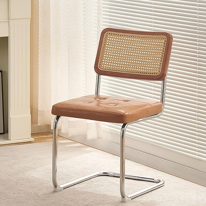2/4 Pack Faux Leather Dining Chairs, Mid-Century Modern Kitchen Side Chairs with Rattan Back and Non-Slip Metal Legs, Upholstered Armless Chair for Dining Kitchen Island(Set of 4, Walnut)