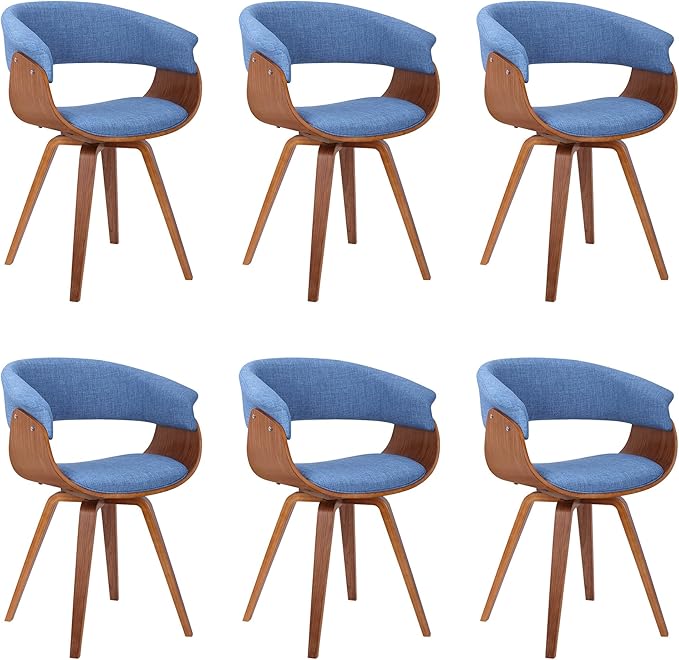 Armen Living Summer Mid-Century Chair in Blue Fabric with Walnut Wood Finish - Set of 6
