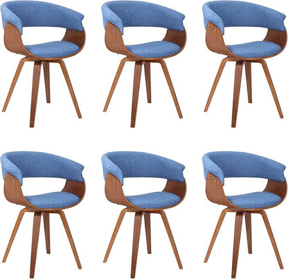 Armen Living Summer Mid-Century Chair in Blue Fabric with Walnut Wood Finish - Set of 6