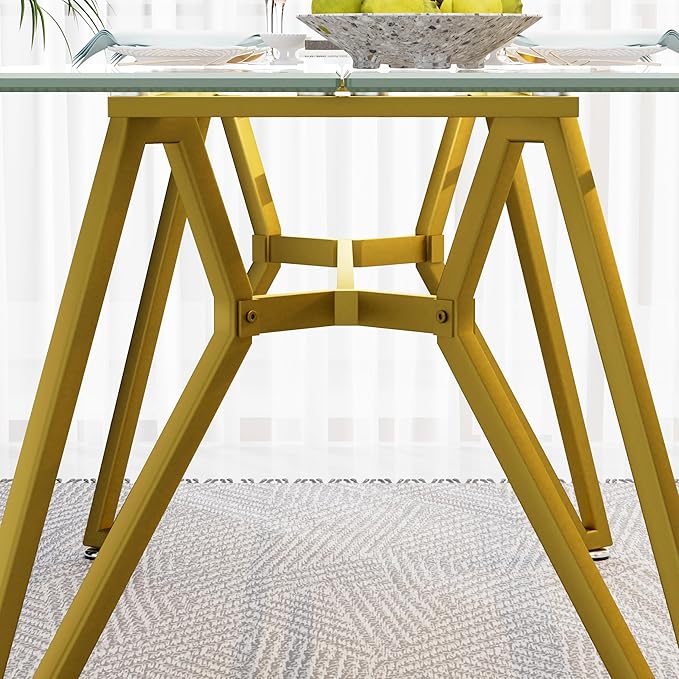 71 inch Glass Dining Table for 4 6 8, Modern Rectangular Kitchen Table and Table Runner, Clear Tempered Glass Tabletop and Gold Metal Legs Dining Room Dinner Table for Kitchen,Living Room, Offices