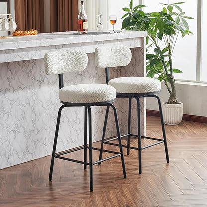 Swivel Bar Stools Set of 2, Upholstered Counter Height Bar Chairs with Metal Legs Footrest, 360° Swivel Bar stools for Kitchen Island, Dining Room, White