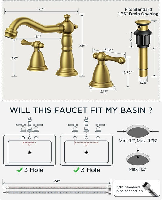 FORIOUS Brushed Gold Bathroom Sink Faucets 3 Hole, 2 Handle Widespread Gold Faucet for Bathroom Sink with Pop-Up Drain and Water Supplies for Commercial Vanity Lavatory Restroom Farmhouse