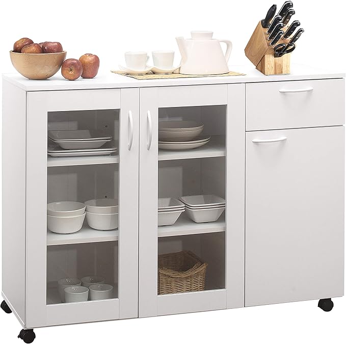Kings Brand Furniture Buffet Server Sideboard Kitchen Storage Cabinet with Adjustable Shelves & Drawer, White Wood & Glass, 45.5" W x 15" D x 33" H