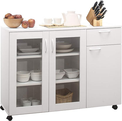 Kings Brand Furniture Buffet Server Sideboard Kitchen Storage Cabinet with Adjustable Shelves & Drawer, White Wood & Glass, 45.5" W x 15" D x 33" H