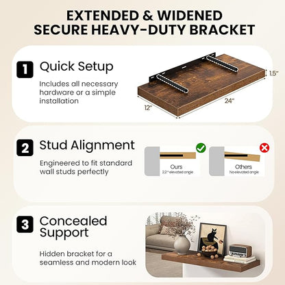 12 Inch Deep Floating Shelves, 60W x 12D Floating Shelf for Books, Rustic Wood Deep Wall Shelves for Home Storage & Display, 1.5" Thicked Shelves for Kitchen, Living Room, Bedroom, Brown, 2 Pack
