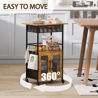 3 Tier Rolling Coffee Cart with 2-Door & Pull-Out Wire Basket Drawer, Movable Coffee Bar Cabinet on Lockable Casters, 32.7" H Microwave Cart with Storage for Home, Kitchen, Dining Room (Rustic Brown)