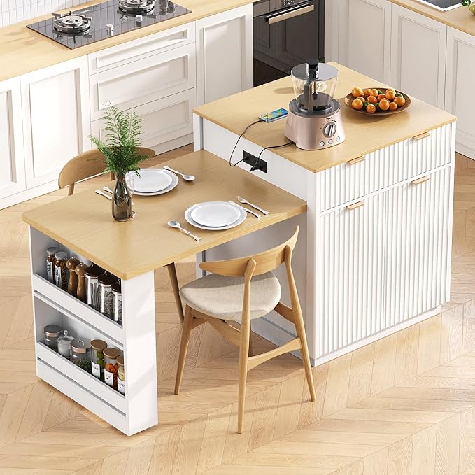 Modern Dining Table Expandable 82.6in Fluted Kitchen Island with, Power Outlet, Wood Console Table with Drawers for Living Room Dining Room Kitchen,White-MDF
