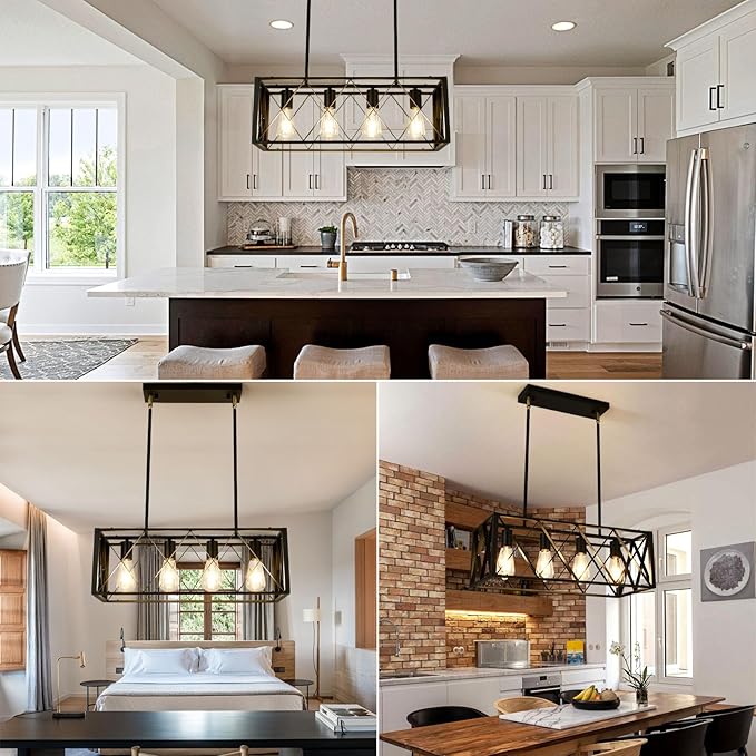 Black Farmhouse Chandeliers for Dining Room Light Fixture Rectangle Kitchen Island Pendant Lighting 4-Light Metal Industrial Linear Chandelier for Kitchen Island