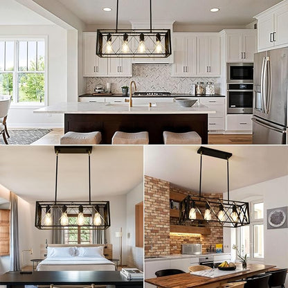 Black Farmhouse Chandeliers for Dining Room Light Fixture Rectangle Kitchen Island Pendant Lighting 4-Light Metal Industrial Linear Chandelier for Kitchen Island