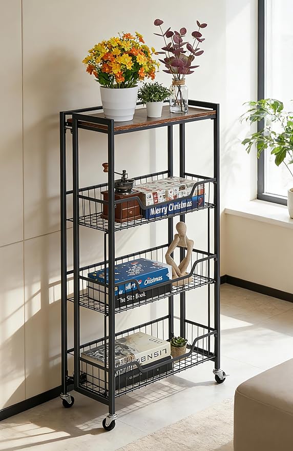 PeakPursuit Large 4-Tier Collapsible Wooden Storage Shelf – Heavy Duty 100 lbs Capacity, Locking Wheels – Space-Saving Organizer for Kitchen, Garage, Workshop, Home – No Assembly Required