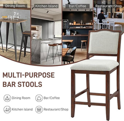Counter Height Bar Stools Set of 2 Rustic 2 Pack Bar Stools with Rubber Wood Frame, Ergonomic Backrest, for Kitchen Island, Dining Room, Cherry