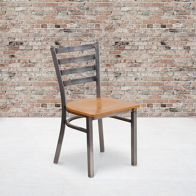 Flash Furniture 2 Pack HERCULES Series Clear Coated Ladder Back Metal Restaurant Chair - Natural Wood Seat
