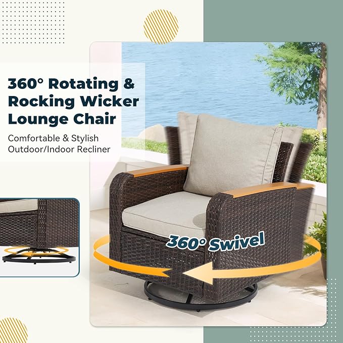 7 Pieces Outdoor Furniture Set with Swivel Chairs, Wicker Patio Furniture for Porch Deck Bistro Lawn Garden Backyard Poolside- Brown Rattan/Khaki
