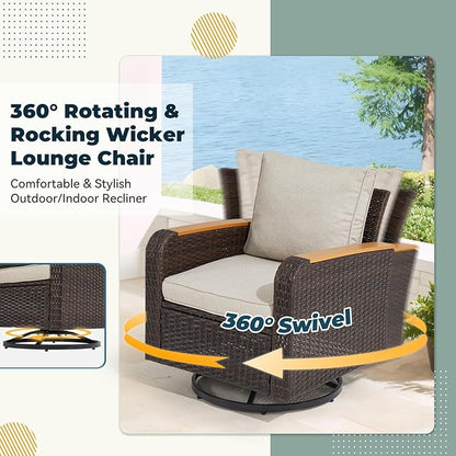 7 Pieces Outdoor Furniture Set with Swivel Chairs, Wicker Patio Furniture for Porch Deck Bistro Lawn Garden Backyard Poolside- Brown Rattan/Khaki