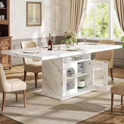 HSH Dining Table for 4–6, 63" Modern Kitchen Dining Room Table with Storage Shelves & Acrylic Door Cabinet,Wood Rectangle Dinner Table with Faux Marble Top for Home Apartment, White Faux Marble