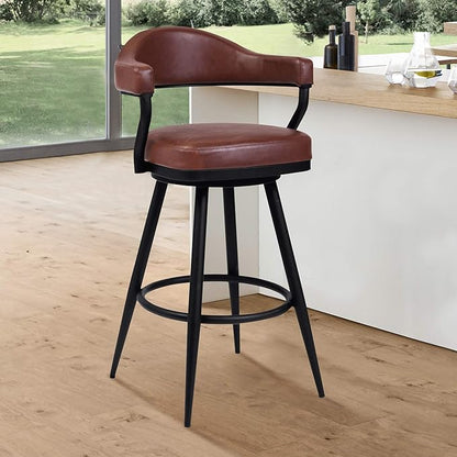 Armen Living Justin Modern Farmhouse 30" Seat Height Swivel Vintage Coffee Faux Leather Bar Stool with Black Metal Legs for Kitchen Island Counter, Set of 2