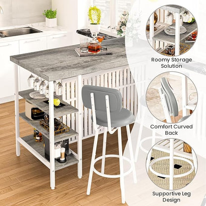 DKLGG 3 Piece Dining Table Set for 2,Kitchen Island with Seating & Storage,Industrial Bar Table and Chairs Set,Space-Saving Pub Table Set for Small Space (Grey)