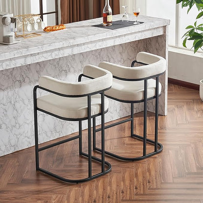 Modern Chenille Bar Stools Set of 2, Upholstered Counter Height Chairs with Metal e Armrests, Soft Chenille Fabric Bar Chairs for Kitchen Island, Dining Room, Home Bar,White