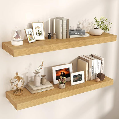 Venusmiles Floating Shelves for Wall, 48" W x 12" D x 2" H, 2 Pack of Long Wall Mounted Engineered Wood Shelves with Invisible Brackets for Living Room, Bedroom, Bathroom, Kitchen Decor, Oak