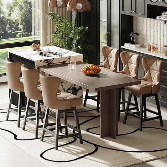 MALOL Swivel Bar Stools Set of 6, PU Leather Mid Century Mondern Barstools, 26 inch Counter Height Bar Chairs with Solid Back and Wood Legs, for Kitchen Island，Brown