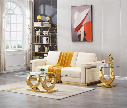 Glass Living Room Table Set of 2, Modern Glass Coffee Table with 1 End Tables Set for Apartment, Luxury Coffee Table Sets Perfect for Living Room, Stainless Steel Frame