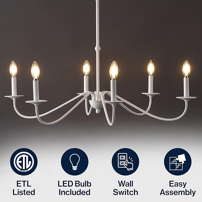 JONATHAN Y 34.75" White 6-Light Bohemian Farmhouse Iron Chandelier, Rustic Candle-Style LED Hanging Light for Dining Room Kitchen Island Entryway Foyer (JYL7559D)