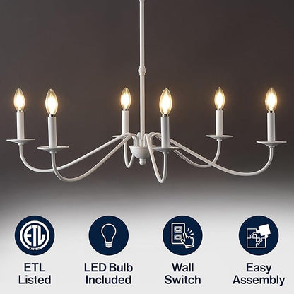 JONATHAN Y 34.75" White 6-Light Bohemian Farmhouse Iron Chandelier, Rustic Candle-Style LED Hanging Light for Dining Room Kitchen Island Entryway Foyer (JYL7559D)